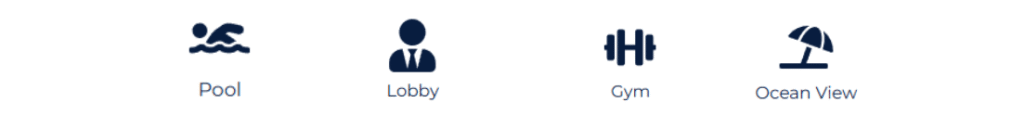 “Horizontal amenities icons with heated pool, lobby, gym, and ocean view for Puerto Vallarta condos”